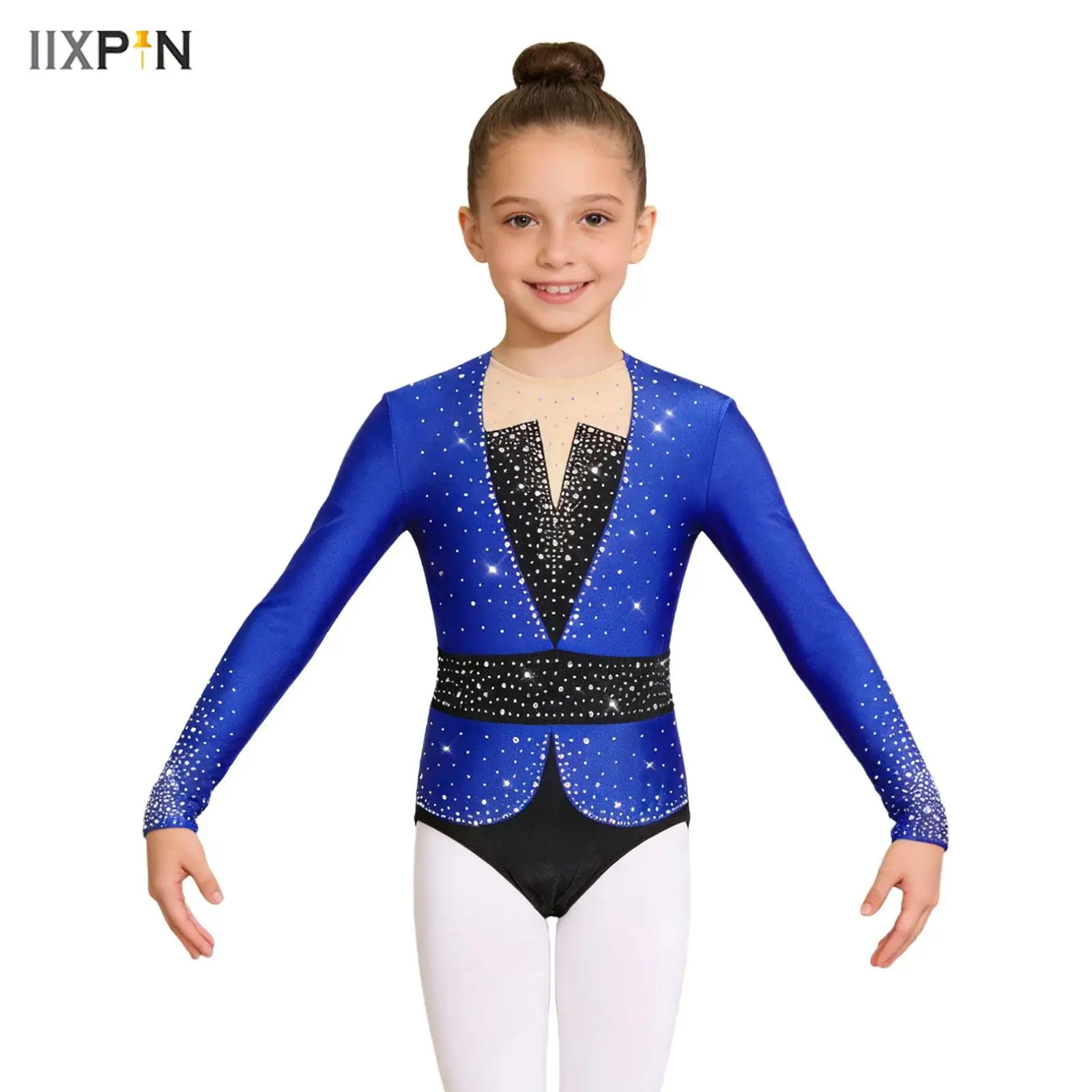 

Kids Girls Ballet Bodysuit Acrobatics Gymnastics Leotard Figure Skating Performance Costume Rhinestones Color Block Workout Tops