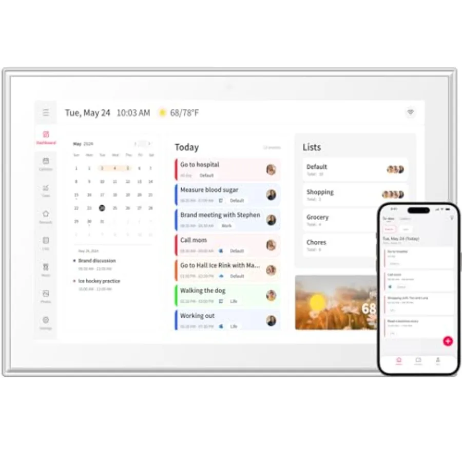 

10.1" Wall Planner Digital Calendar and Chore Chart, Smart Full HD Touchscreen Interactive Display for Family Schedules, To Do