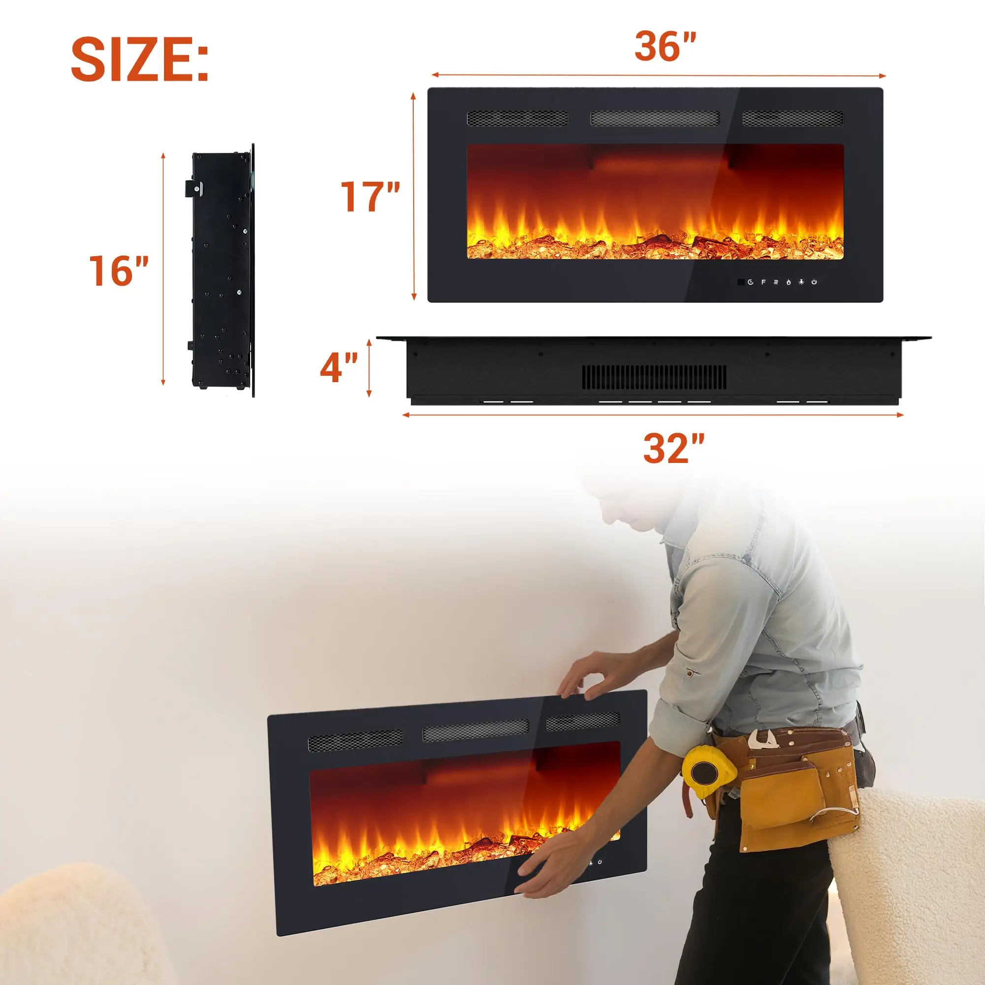 Electric Fireplace 36 Inch, Ultra-Thin Recessed and Wall Mounted Fireplace Heater, Linear Fire Place/Thermostat, Remote & Touch Screen, Multicolor Flame, Timer, Logs & Crystal, 120V 1500W
