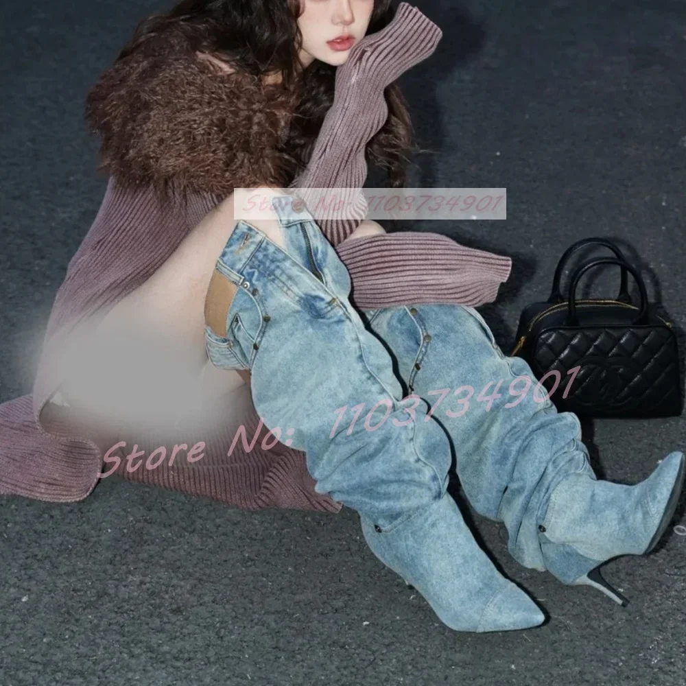 

Мешковатые джинсовые модные сапоги до колена на молнии, женские пикантные туфли с заклепками и острым носком на пуговицах, женские туфли в стиле панк, новинка, вечерние шикарные сапоги