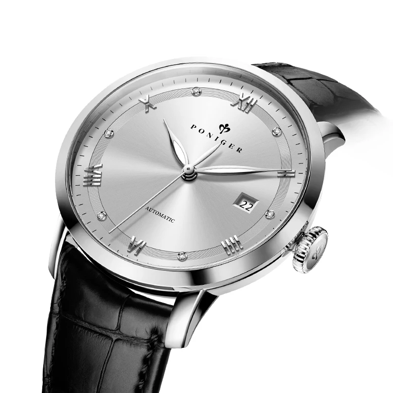 PONIGER Fashion Men's Designer Waterproof Watch Rose Gold Luminous Hand Automatic Wrist Watches For Men Leather