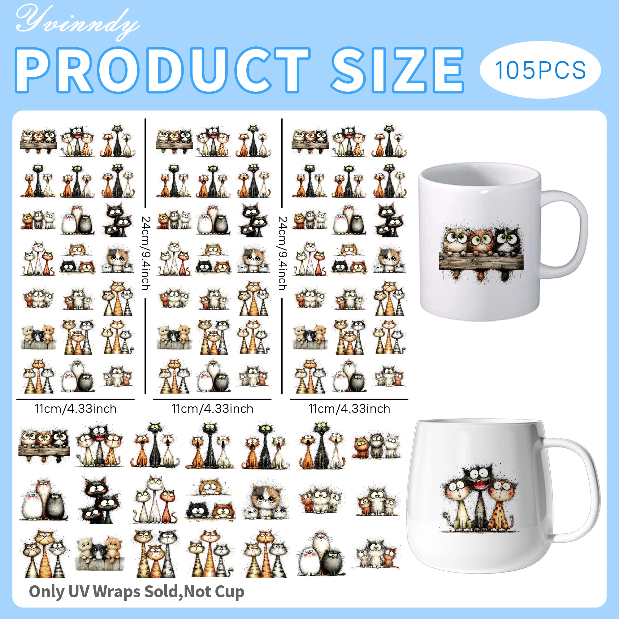 105Pcs/Set Unique cat illustration UV DTF Transfer Sticker DIY Craft Kits with Crystal Label 16oz Glass Jars Wrap Stickers