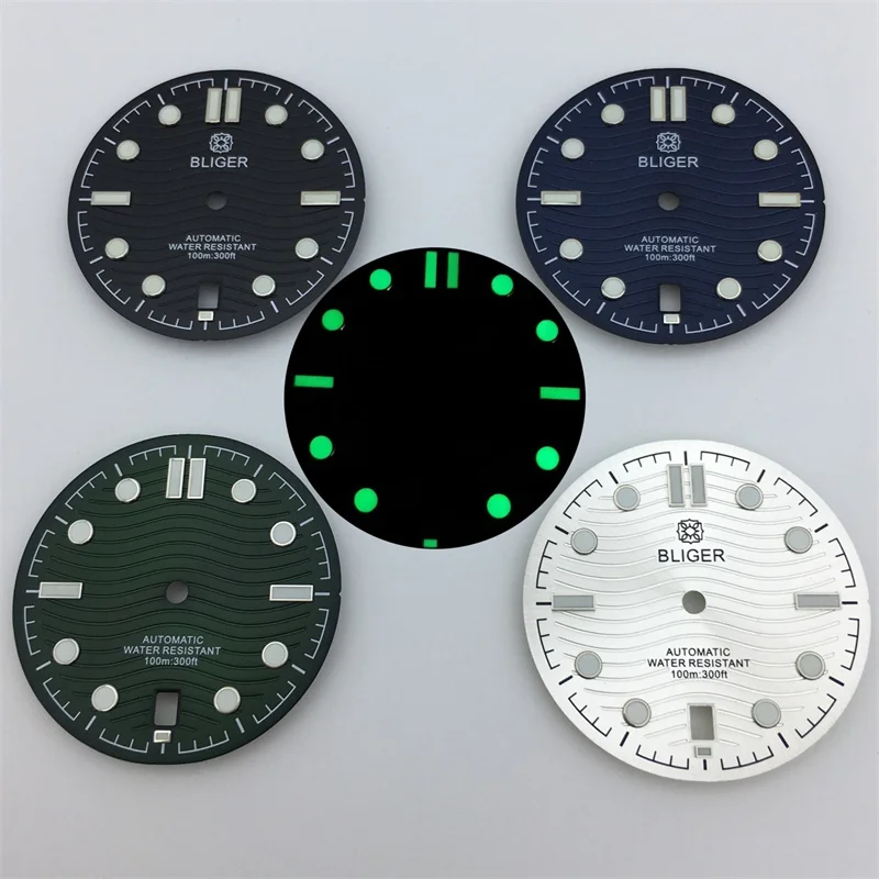 BLIGER 31mm Wrist watch dial Black Blue white Green dial green luminous suitable for NH35 movement 6 o 'clock date