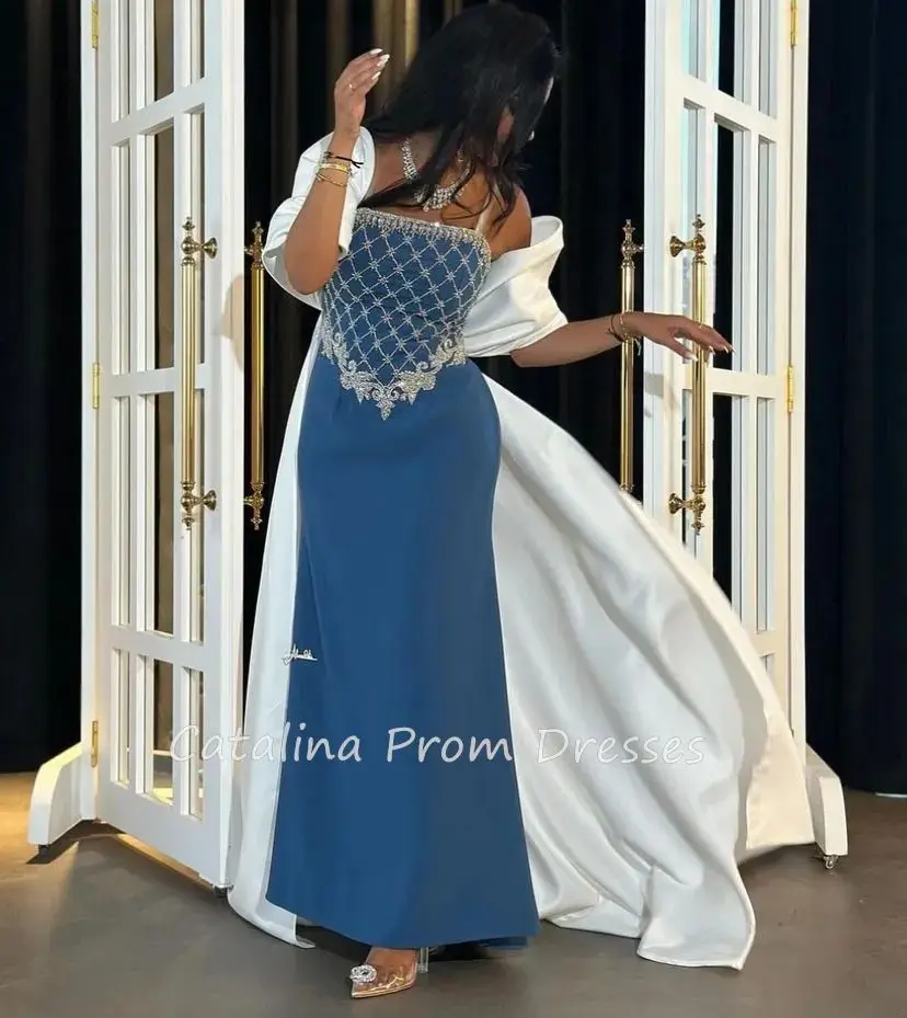 Vestidos de Noche formales con hombros descubiertos para mujer, vestidos elegantes de sirena azul, longitud hasta el tobillo, vestidos de graduación con lazo, Arabia Saudita