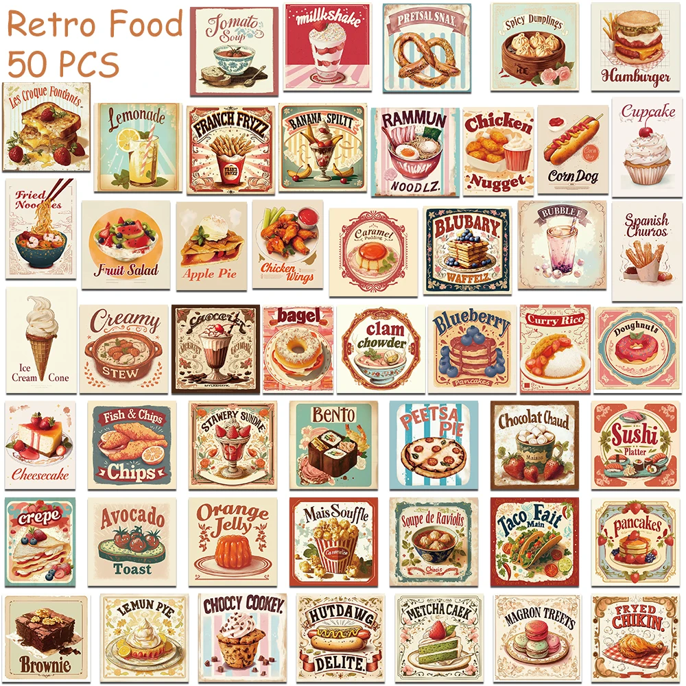 50 قطعة كعكة الغذاء الرجعية المعكرونة ملصقات الشارات لأجهزة الكمبيوتر المحمول سجل القصاصات حقيبة الثلاجة الغيتار DIY بها بنفسك ملصقات الكرتون الجمالية