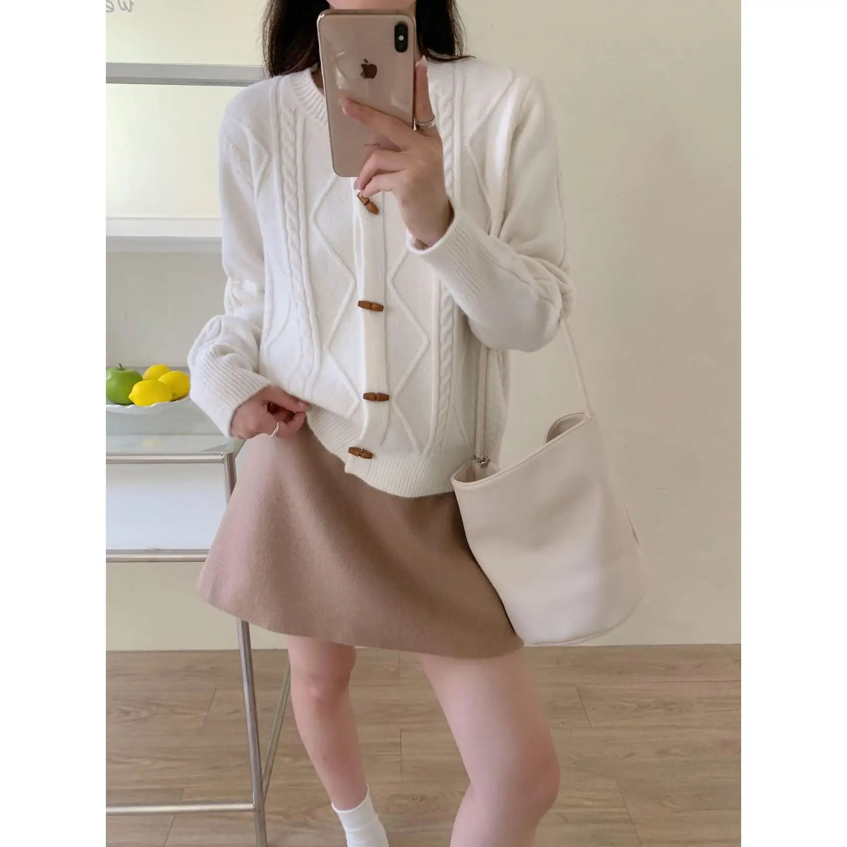 

Autumn Winter Women's Casual Knitted Sweater Coat Tassel Twist Knitwear Light Beige Retro Lazy Sle Buttoned Horn ape