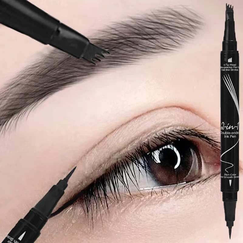 Tweekoppige 4 Vorken Vloeibare Wenkbrauw Potlood Eyeliner Natuurlijk Zwart Bruin Geen Vegen Wenkbrauw Pen Langdurige Ogen Make-Up Cosmetica