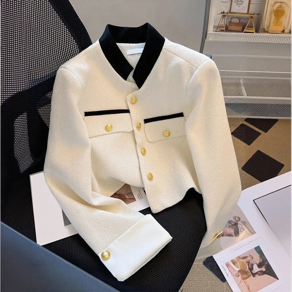 

Women's Elegant Solid Color Jacket Autumn Long Sleeve Crew Neck Single Breasted Regular Fit Office Lady Style