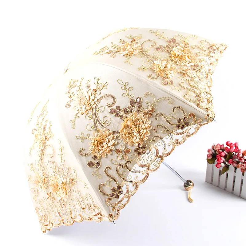 Lace UV Sun Parasol Folding 3D Flower Embroidery Umbrella Outdoor Parasol Summer Wedding Flower Umbrella 5