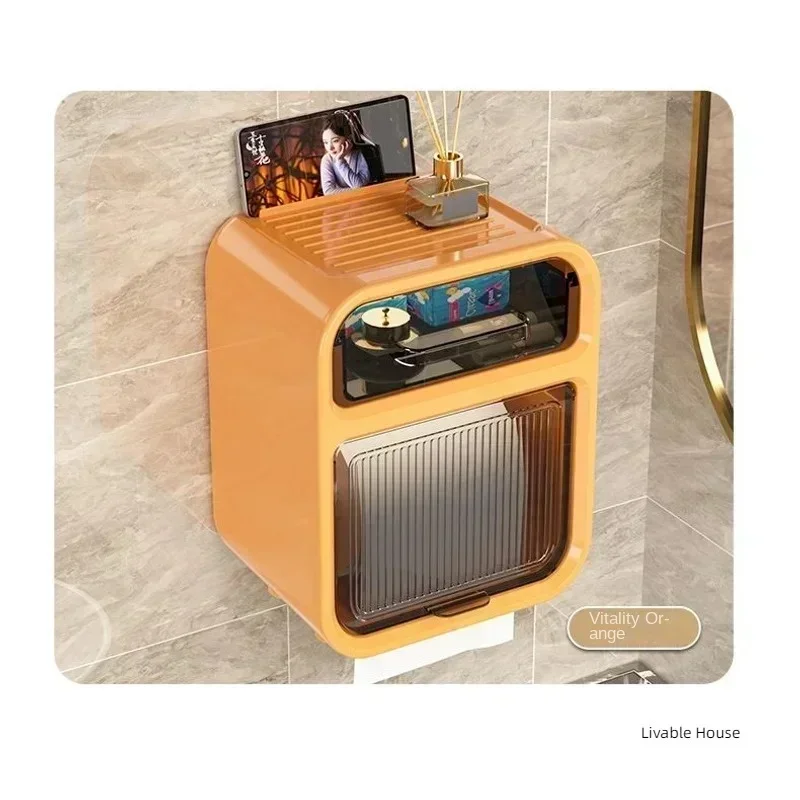 Toilet Tissue Box, Wall Mounted Roll Paper Tube, Paper Drawer, Storage, Bathroom Double Layer Storage Rack Toilet Roll Holder image 5