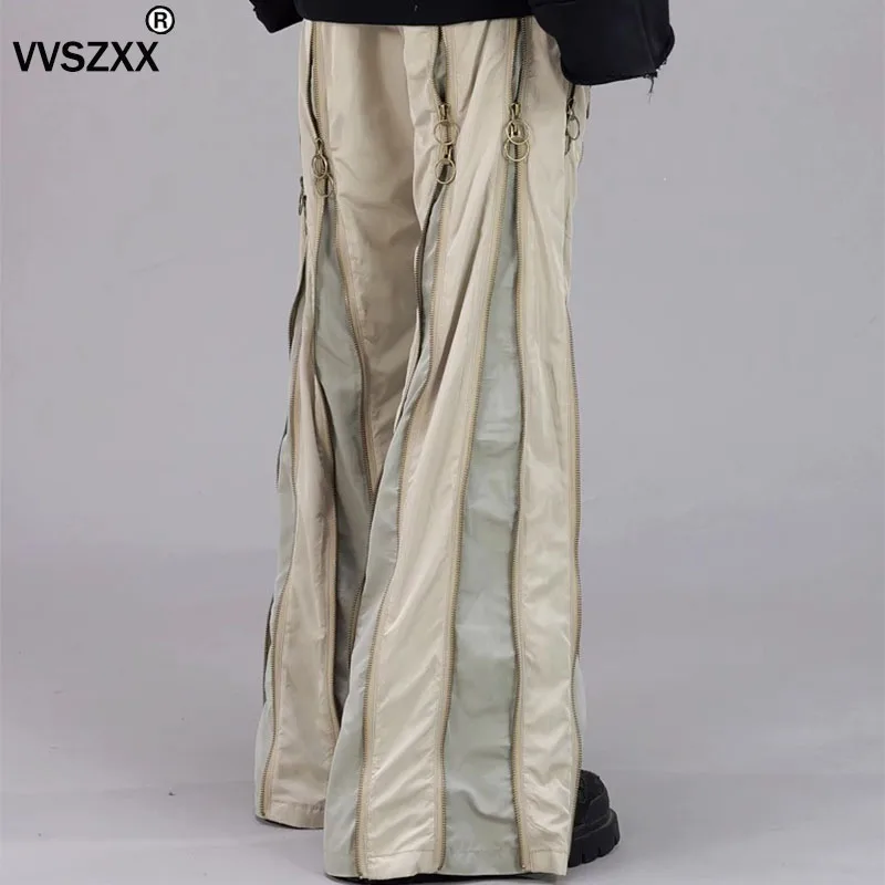 Men's Functional Style Zipper Spliced Casual Pants Patchwork Color Deconstruct Profile Straight Trousers Male