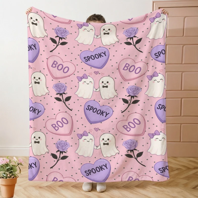 Candy Heart Rose Boo Ghost Halloween Throw Blanket Office Rest Spot Sunroom Soft Blanket Guest Lounge Bedroom Den Gifts