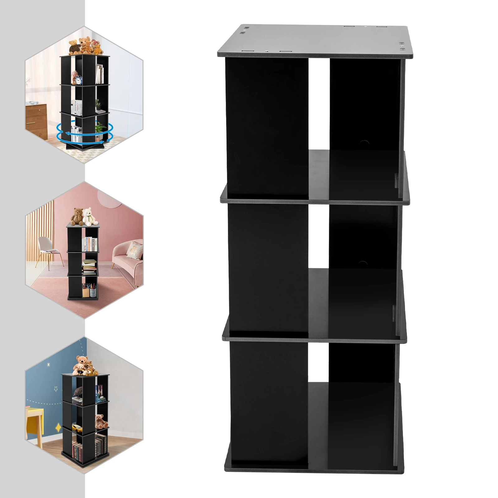 

3/4 Tiers PVC Paint-free Board Rotating Bookshelf,Black/White/Wood Color 360° Rectangular Revolving Bookcase for Living Room