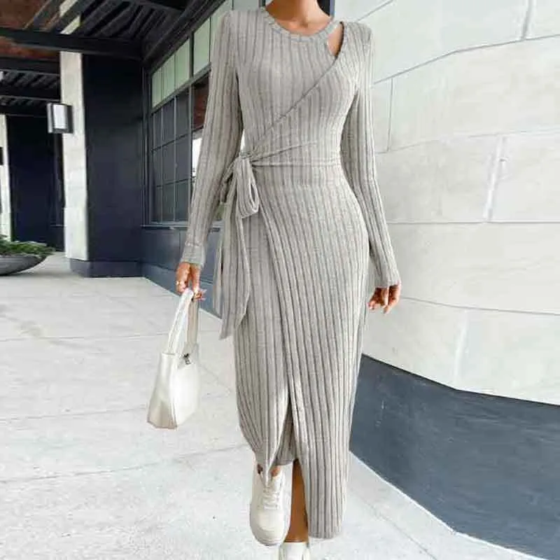 Elegant Women\'s Solid Color Knitted Sweater Dress Round Neck Long Sleeve Lace Knitted Slimming Split Dress Autumn 2024 New Item