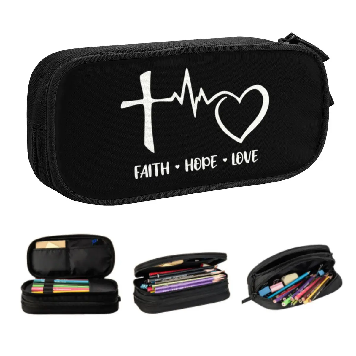Custom Faith Hope Love Heartbeat Pencil Cases Large Capacity Cross Crucifix Jesus Christ Church God Lord Pencil Pouch School