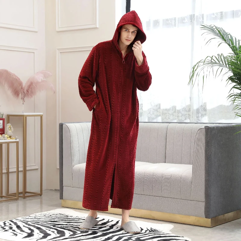 Popular Men\'s Plus Fat and Oversized Home Clothes Winter Flannel Pajamas Zipper Bathrobe Warm Pajamas Solid Color Long Pajamas