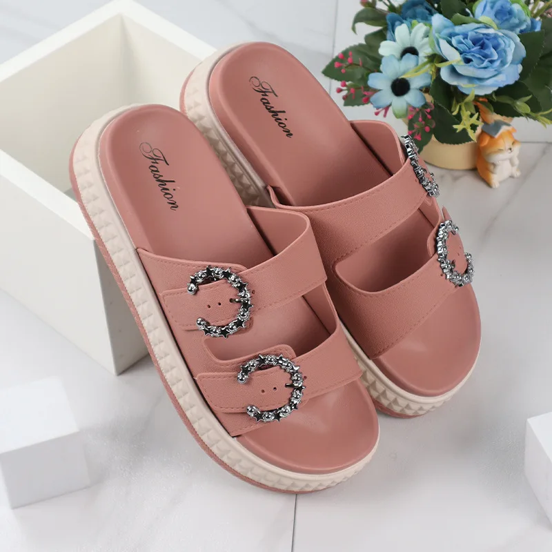 Modische Damen-Sandalen mit dicker Sohle – Flip-Flops mit verstellbarem Riemen, flache Strand-Slipper mit offener Zehenpartie für den Sommer im Freien – Detail 7