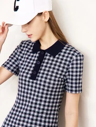 AMII Minimalism Dress Women 2023 Spring Dress New POLO Collar Classic Style Beautiful Checkerboard Slim Summer Dress 12322063