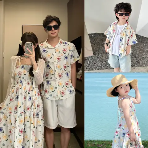 홀리데이 룩 가족 매칭 꽃 옷, 어머니 딸 스모크 원피스, 아버지 아들 비치 셔츠, 아빠 엄마와 아이 의류