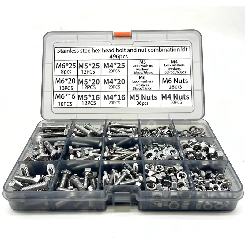 496pcs Stainless Steel Hex Head Bolt and Nut Combo Kit - M4 M5 M6 X 16mm 20mm 25mm - Full Thread Set