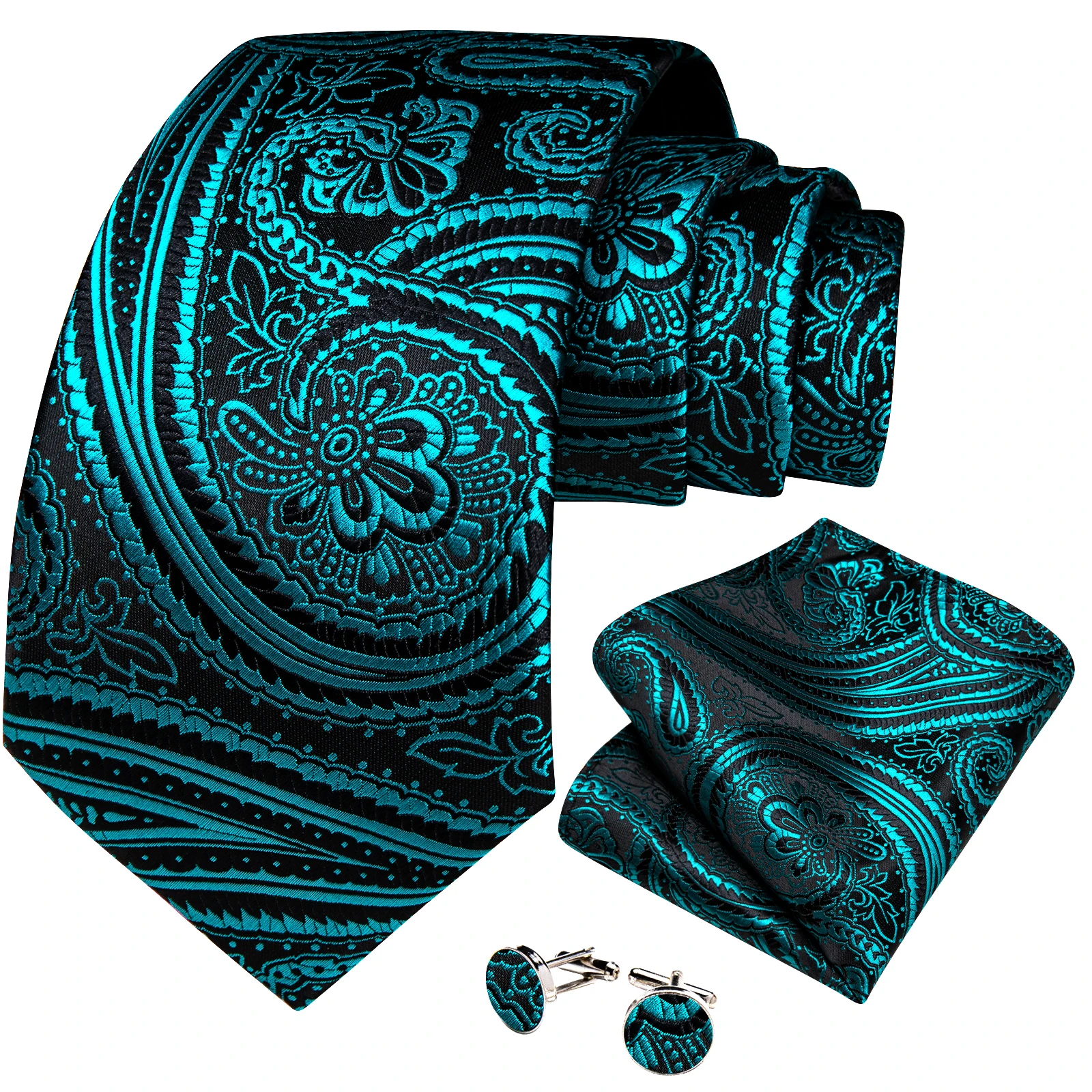 New Design Teal Blue Paisley Floral Silk Ties 8cm Men's Wedding Party Business Necktie Hanky Brooch Cufflinks Set Cravat DiBanGu