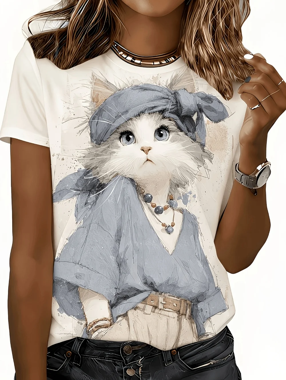 Neues Damen-T-Shirt mit Katzen-Print, modisches Kurzarm-3D-Druck-T-Shirt, Sommer-Streetwear, O-Ausschnitt, lockerer Pullover, Damenbekleidung – Detail 7