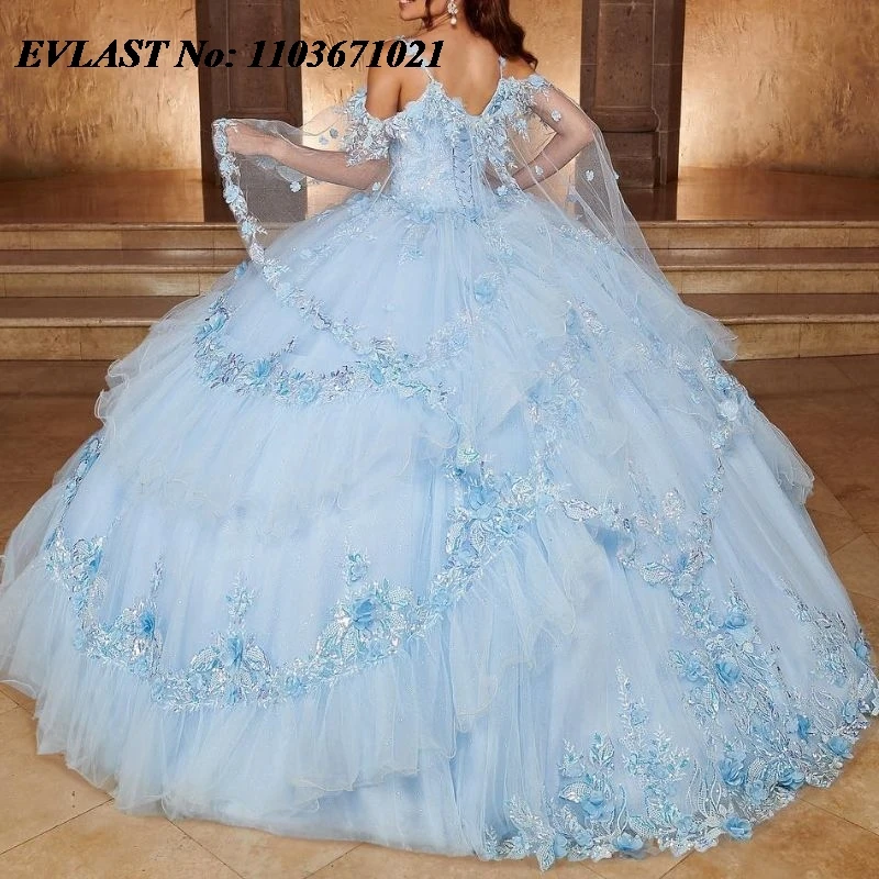 EVLAST Customized Blue Quinceanera Dress Ball Gown 3D Floral Applique Beading Tiered With Cape Sweet 16 Vestidos De 15 Anos SQ59