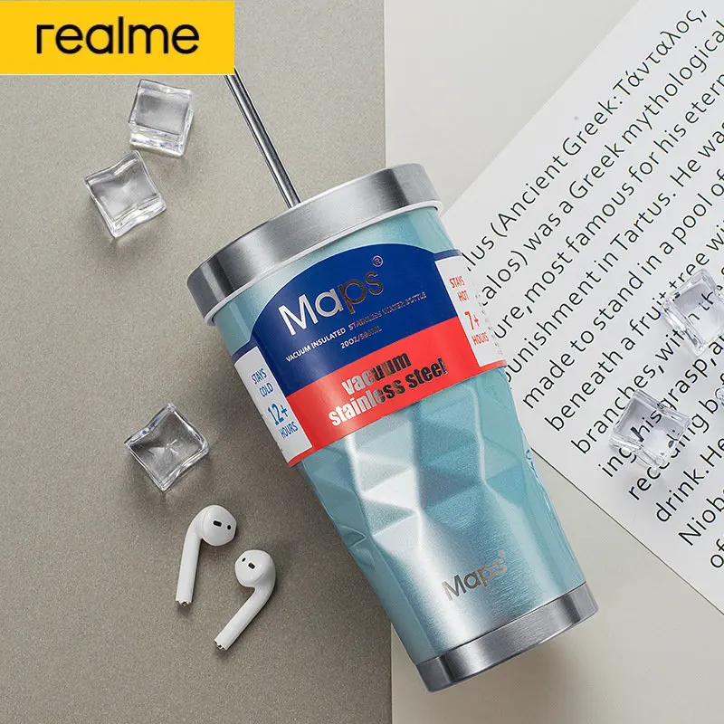 realme Thermos Flask 20Oz Beer Mug Ice Master Car Thermal Insulation Cup Diamond Stainless Steel Straw Drink Thermos Bottle