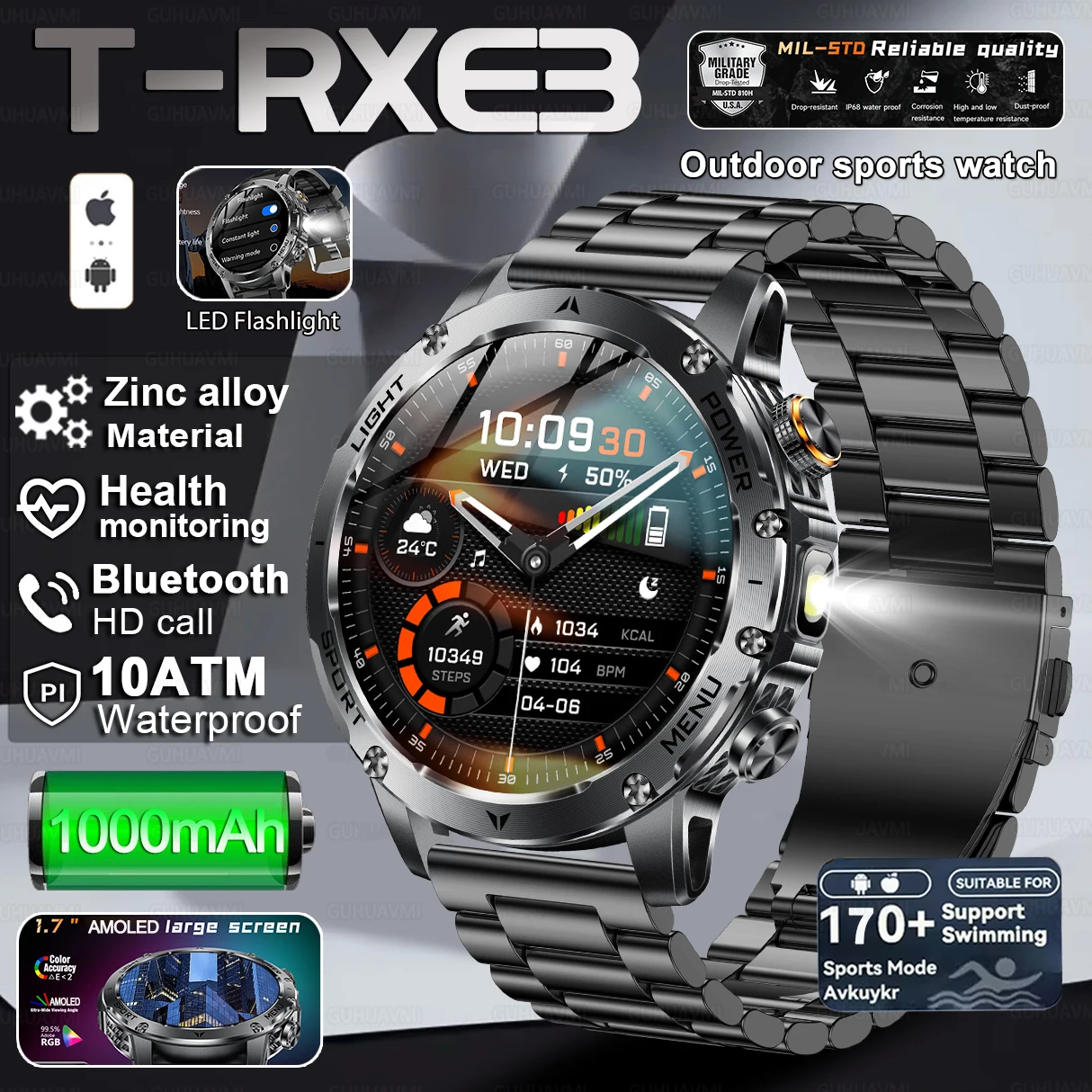 

Новые военные умные часы 2025 года для мужчин, 1,7 дюйма, HD AMOLED-экран, 100 + спортивные часы с пульсометром, Bluetooth-вызов, IP68, водонепроницаемые умные часы