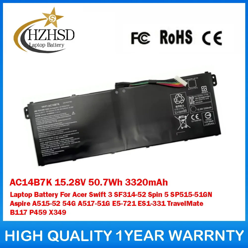 

AC14B7K 15.28V 50.7Wh 3320mAh Laptop Battery For Acer Swift 3 SF314-52 Spin 5 SP515-51GN Aspire A515-52 54G A517-51G E5-721