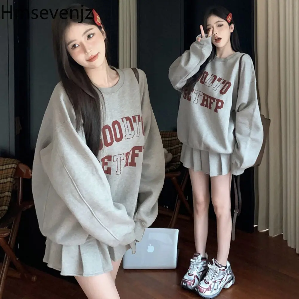 

Korean Academy Style Skirts Suit Letter Print Sports Leisure Fashion Sweatshirt Pleated Short Skirt Two Piece Set Women Outfits