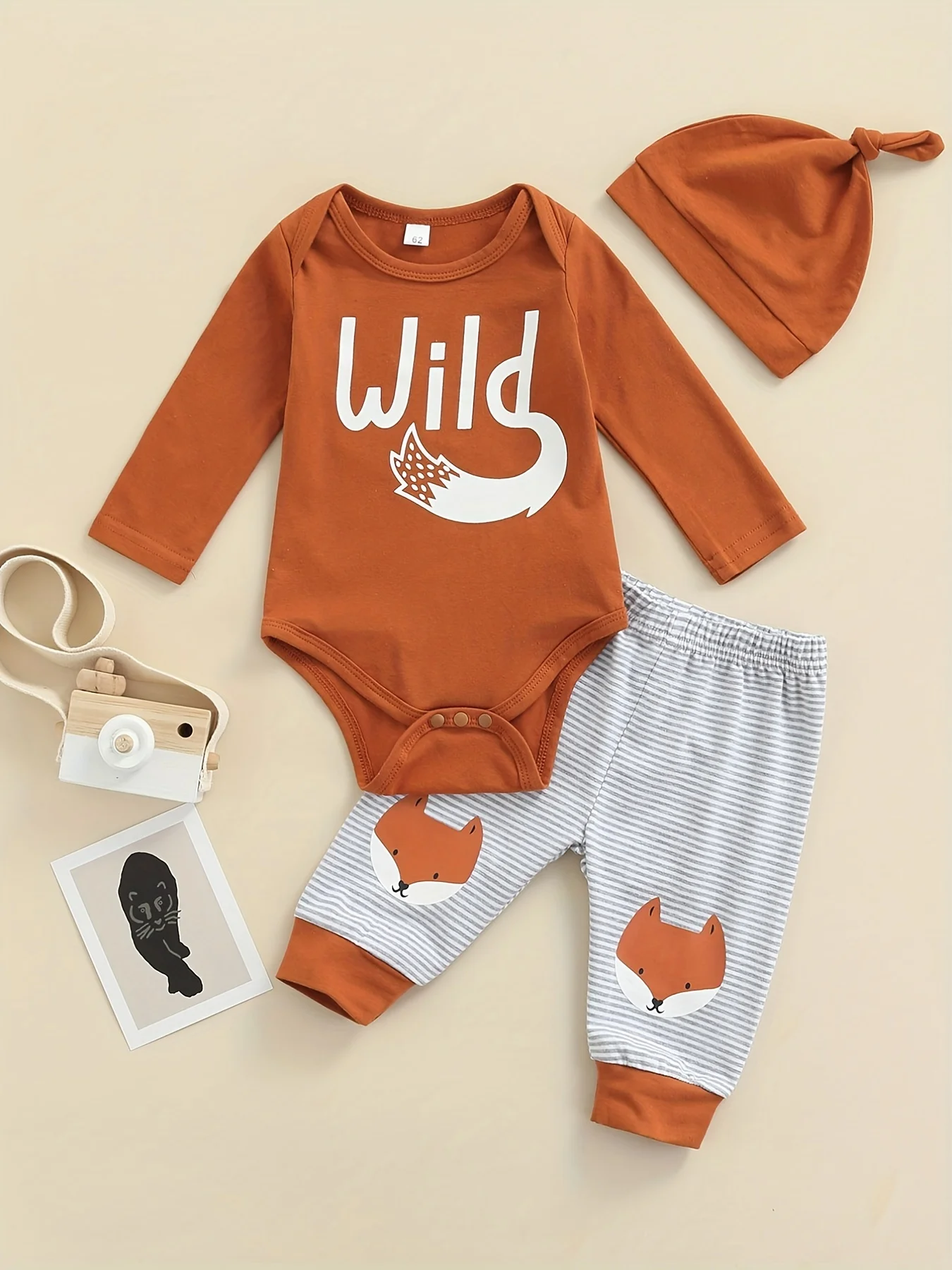 0-2 Years Old Spring And Autumn New Male And Female Kids Cute Fox Print Long Sleeve Briefs Top Baby Hat And Pants 3 Pieces