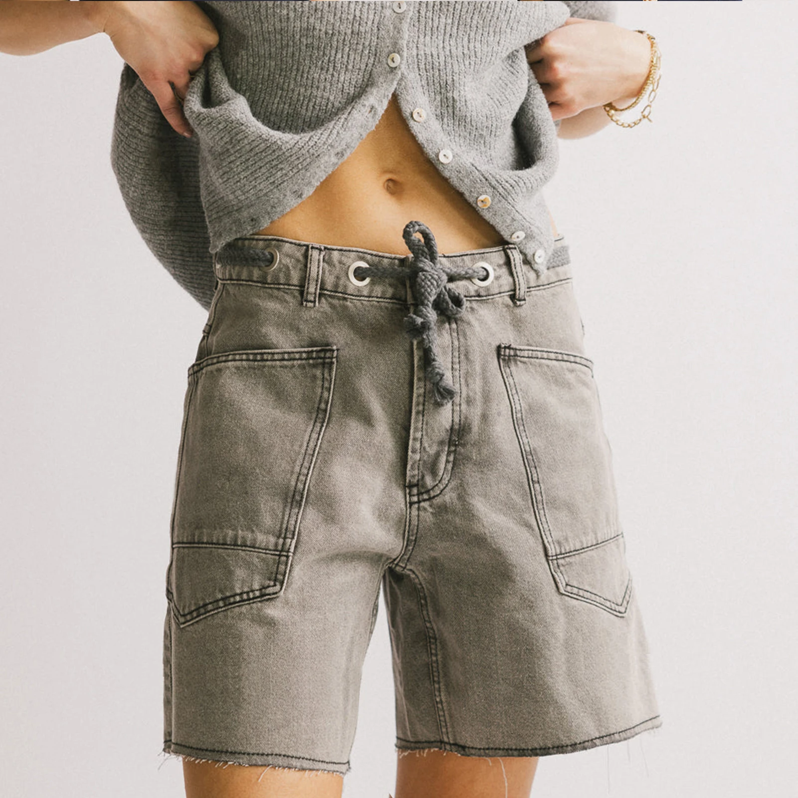 Pantaloncini di jeans con fasciatura estiva con lacci da donna vintage Pantaloncini di jeans streetwear a gamba larga con tasche