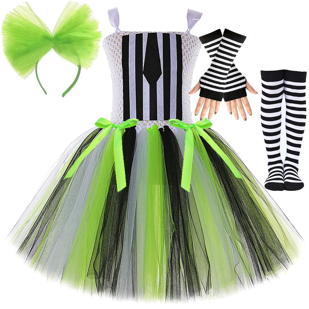 Halloween Hell Sorceress Costume for Girls Black White Green Striped Mad Wizard Fancy Tutu Dress Set Kids Carnival Party Outfit