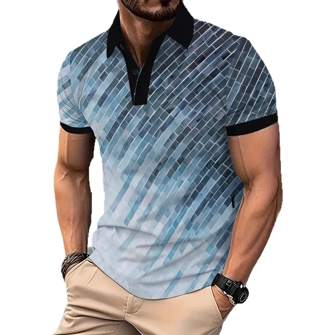 

Fashion Grid Gradient 3D Print Men's Polo Shirt Outdoor Sports Tops Casual Breathable Comfortable Short Sleeve Trendy Streetwear