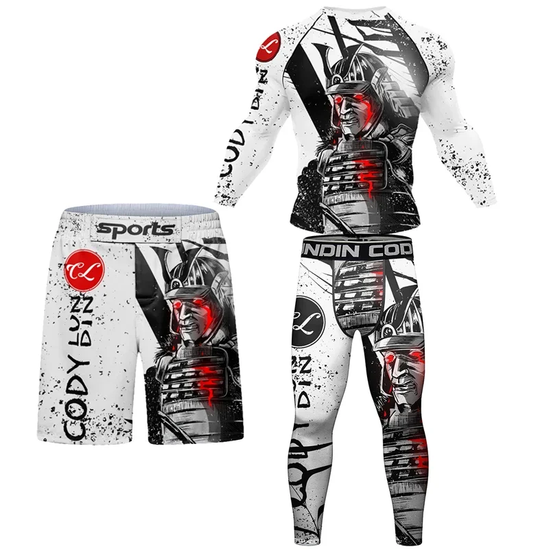 New Men Rashguard MMA T-shirt +Pants MMA Shorts 4PCS/Set Brazilian Grappling Jiu Jitsu Bjj Boxing Jerseys Rash Guard Sportswear