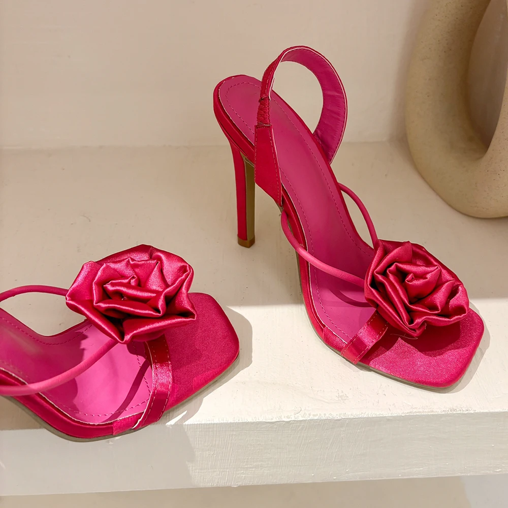 2024 Summer High Heel Sandals Women's Fashion Rose Silk Flower Open Toe Square Toe One Strap With Skirt High Heels