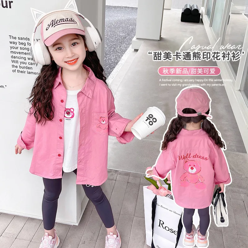 kawaii Anime Lotso Girls Jacket Lapel Long Sleeve Single-Breasted Cotton Coat Casual Loose Tops 3-8 years old 100-140cm