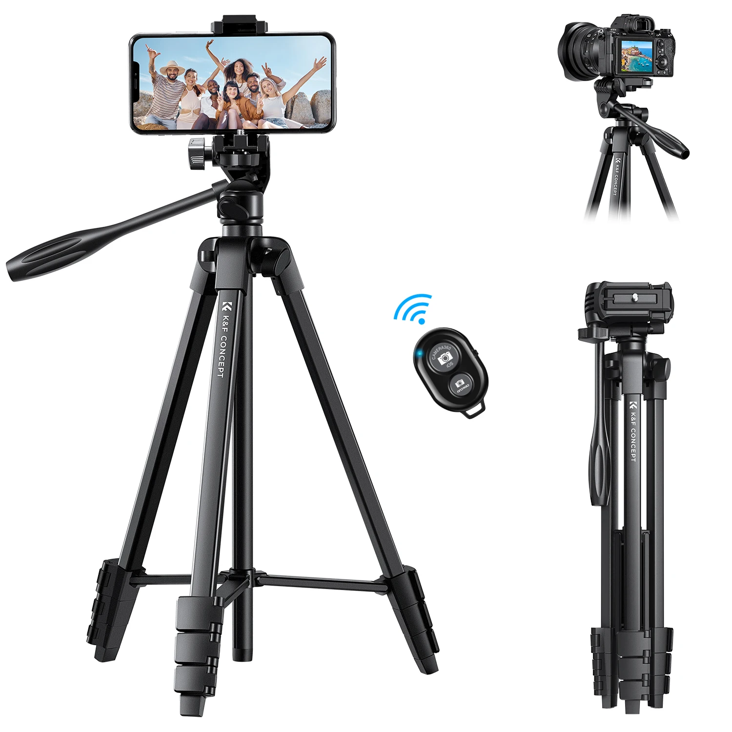 K&F CONCEPT 59.4''/1.5 M Aluminum Lightweight Tripod with Bluetooth Remote Portable Tripode Stand 360° Ball Head for Camera DSLR