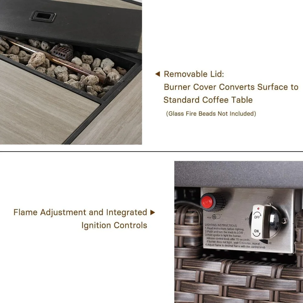 グランドパティオ アウトドア プロパンファイヤーピットテーブル カバー/蓋付き パティオ用、43インチ 60,000BTU、ウィッカー/長方形