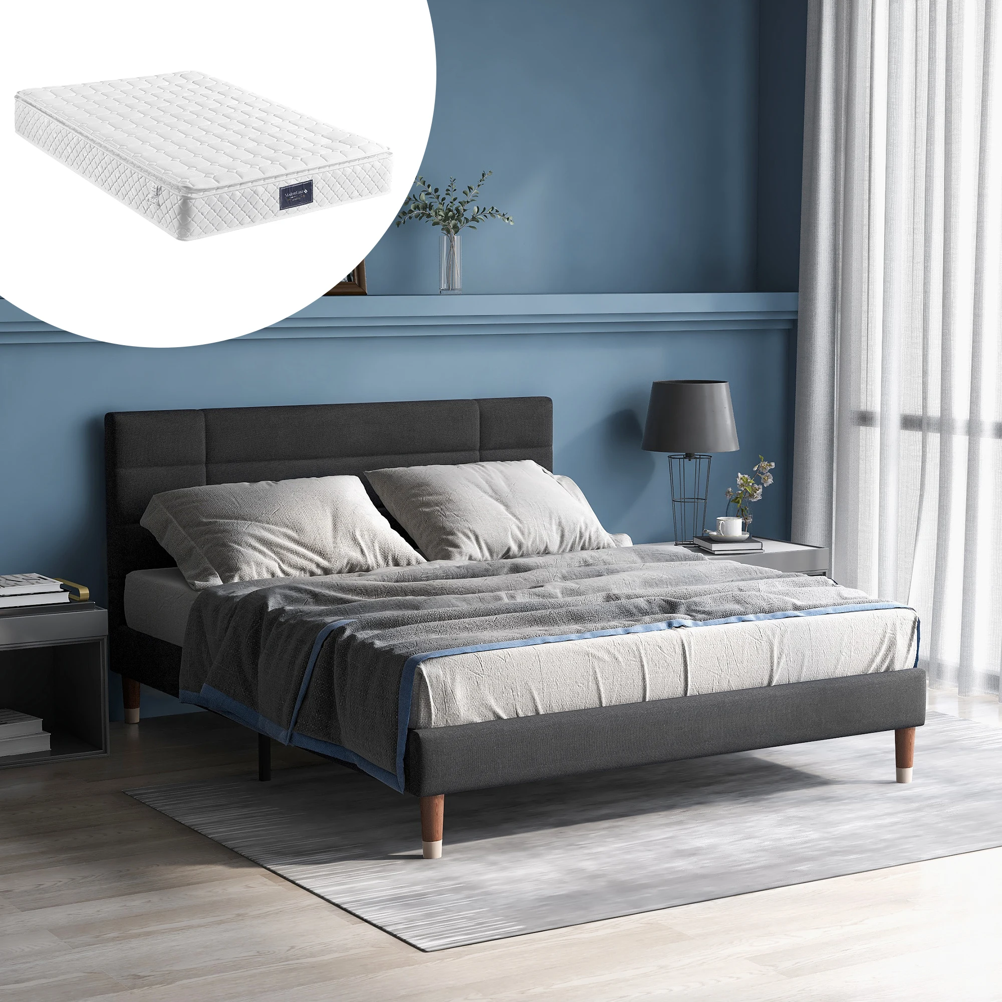Lit double 140x200 cm - Lit capitoné avec sommier à lattes - Lin - avec matelas - Gris