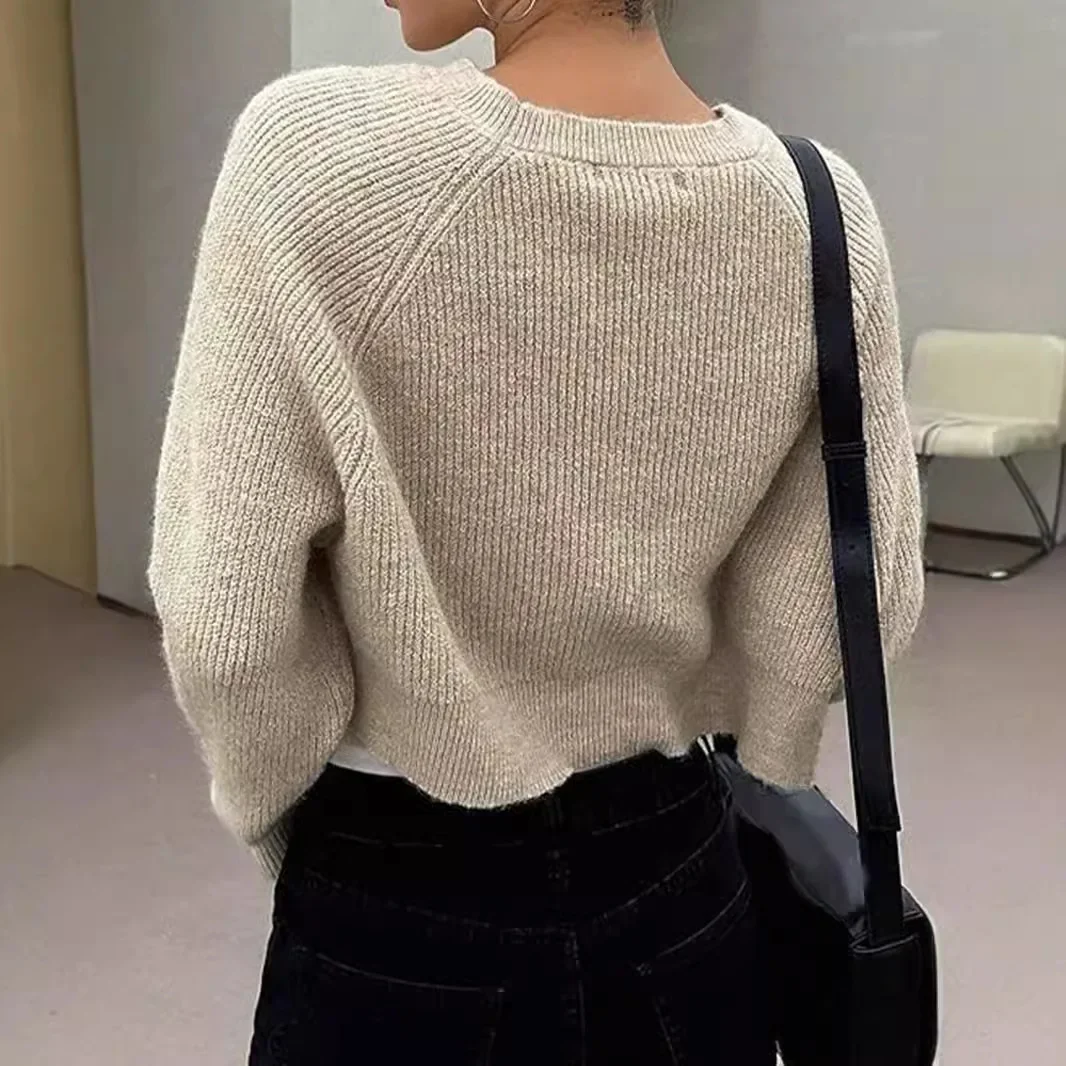 Fashionable Knitted Top Cropped Long Sleeve Pullover Shirt Round Neck Amazon Europe Asia Source Head Factory Spring Summer Autum