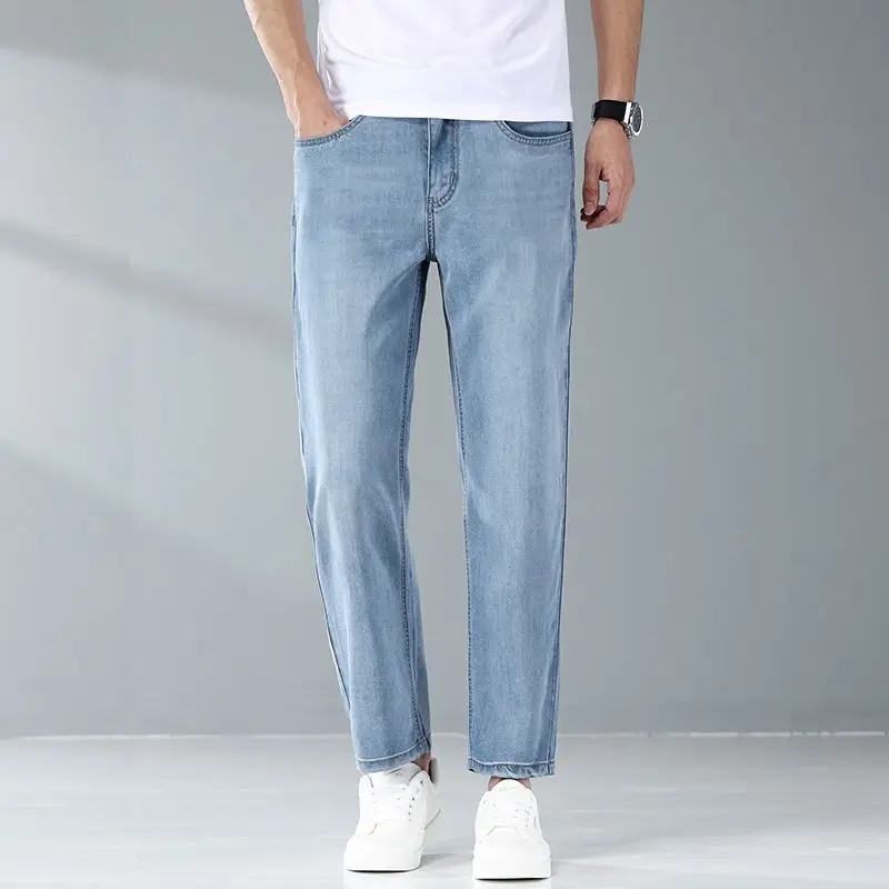 

Мужские светло-голубые джинсы slim fit, повседневные джинсовые брюки прямого кроя, удобные эластичные брюки для повседневной носки