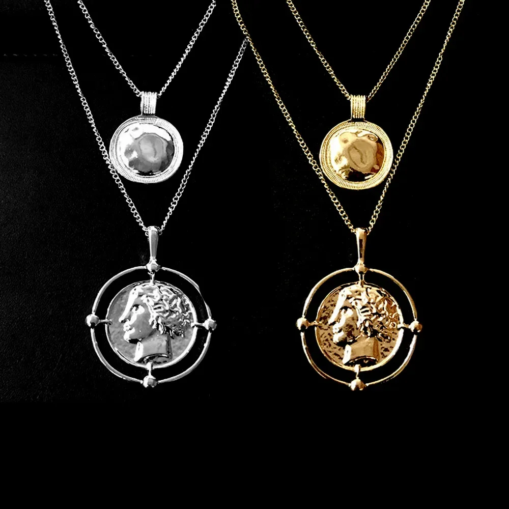 Silver Plated Gold Color Bohemia Jewelry Portrait Coin Necklace Chain Women Layered Charms Coin Pendant Necklace