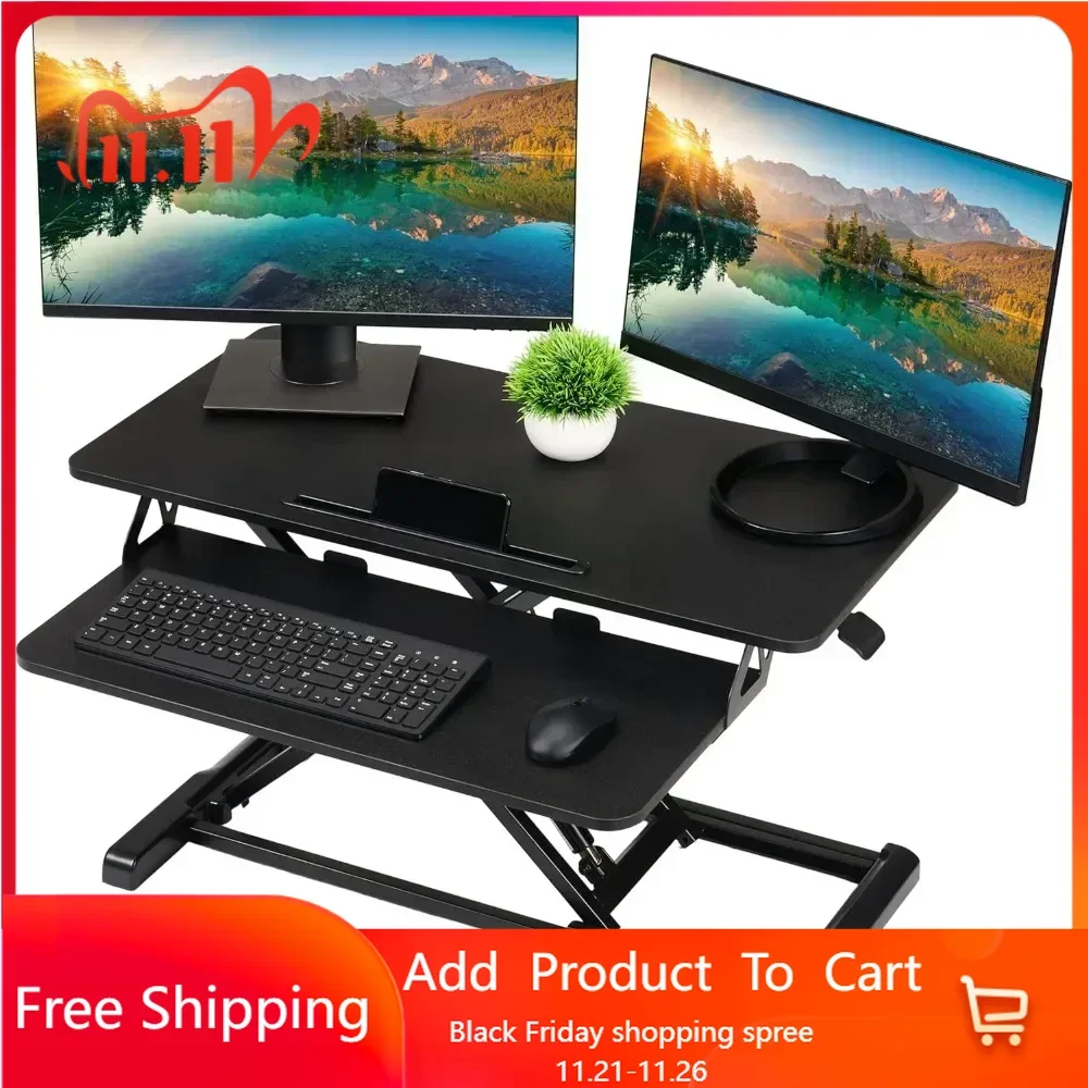 Standing Desk Converter Sit to Stand Up Desk Workstation, Particle Board, Dual Monitor Deskwith Keyboard Tray