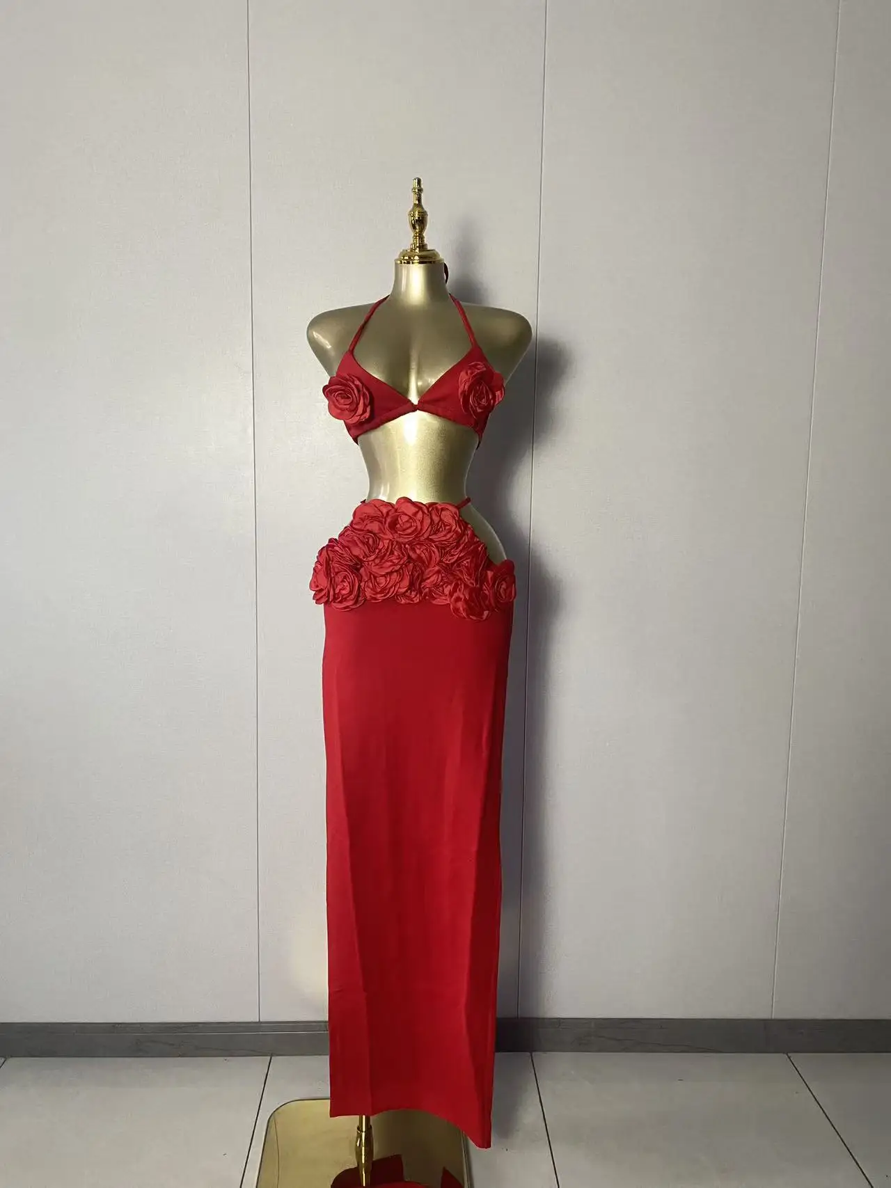 2025 New Women Sexy Strapless Tops Flowers Red Two Pieces Skirts Set Elegant Evening Club Party Outfits