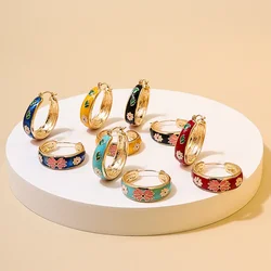 Retro Circle Ear Buckle Earrings For Women Girls Colorful Enamel Flowers Simple Style Party Gift Holiday Fashion Jewelry E414