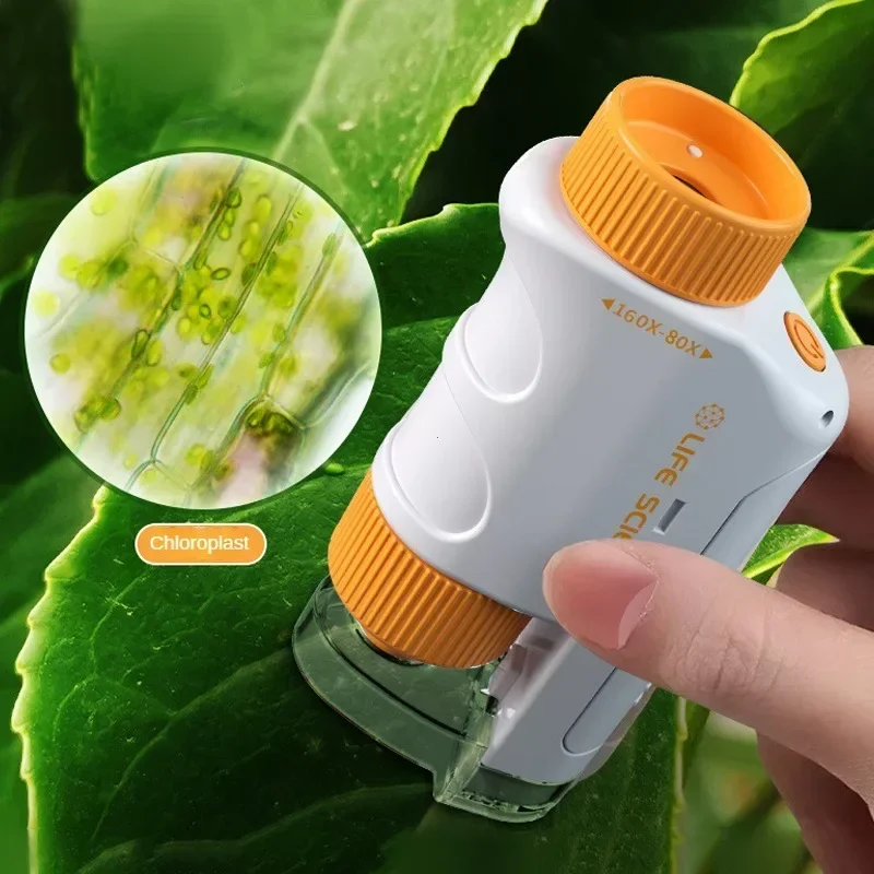 Pocket Microscope Kids Science Toy Kit 80-160x Educational Mini Handheld Microscope with LED Light Outdoor Children Stem Toy