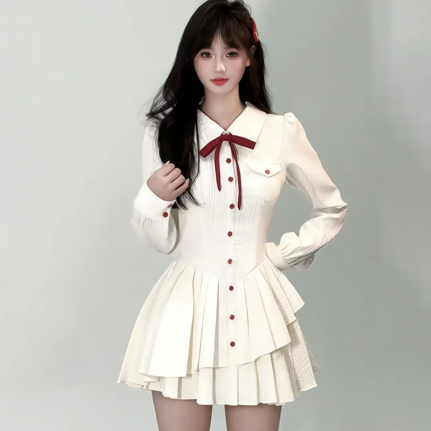 Japan Autumn Kawaii School Uniform Women Korean Cute College Student JK Uniform Vintage White Shirt Dress