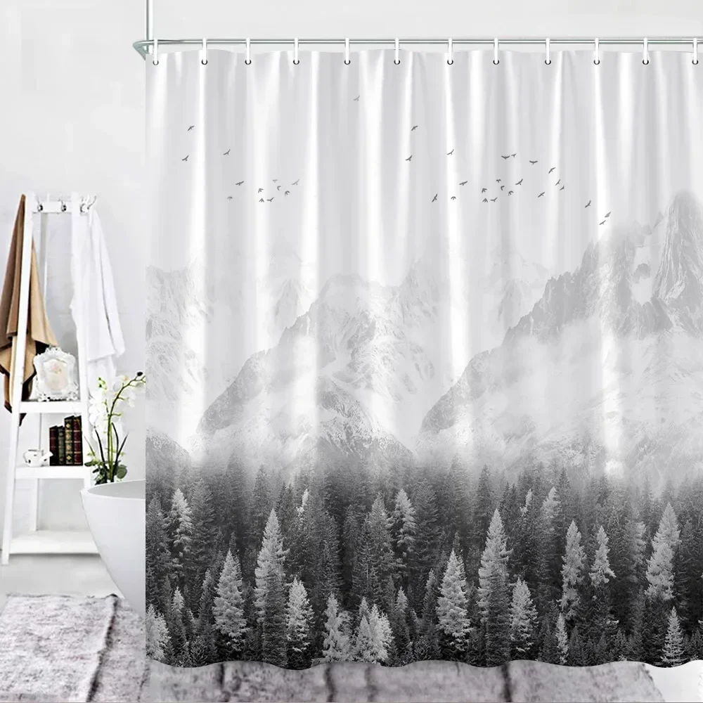 

Natural Bathroom Decor Shower Curtain Grey White Mountains Birds Pine Forest Landscape Scenery Bathroom Curtains Fabric Washable